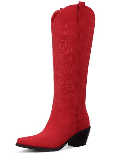 Image of Pasuot Western Cowboy Boots for Women - Knee High Wide Calf Cowgirl Boots, Slip On Pointed Toe Chunky Heel Fashion Retro Classic Pull On Tall Boot for ladies Party concert