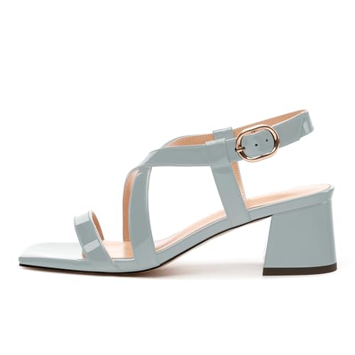 Womens Sandals, Square Open Toe Chunky Heels, Fashion Adjustable Strap Buckle Heeled Sandal, Solid Patent Sandals for Women2