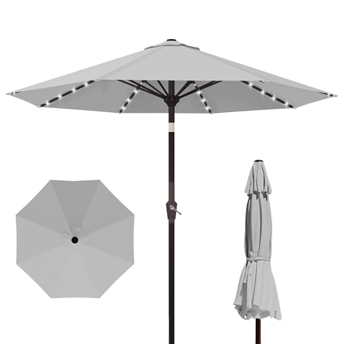 Kingdura 10FT Outdoor Patio Umbrella with Solar Lights Market Table Umbrella with Push Button Tilt & Crank 8 Sturdy Ribs 32 LED Lights UV Protection for Garden Lawn Deck Backyard Pool (Light grey)