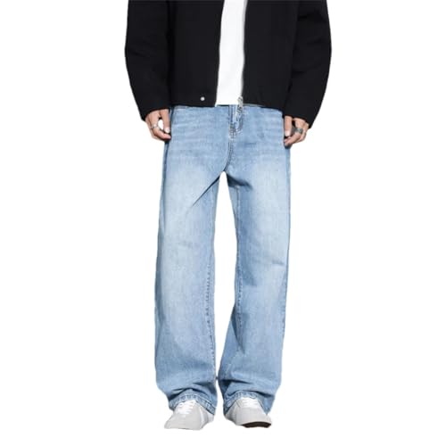 Men's Casual Jeans Korean Loose Solid Color Trousers Straight Vintage Wide Legs Denim Pants Light Blue 29