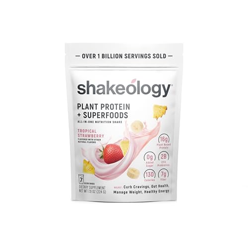 Image of BODi Shakeology 0g Added Sugar Plant Based Protein Powder Blend, Gluten-Free Shake with Vitamins and Minerals - Helps Support Healthy Weight Loss, Lean Muscle - Tropical Strawberry, 7 Servings