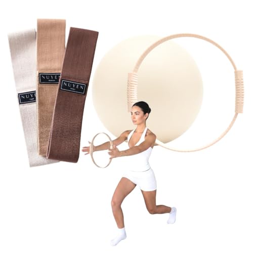 NUYEN Premium Pilates Set 3-teilig: Ring, Ball & Booty Bänder – Nude/Braun – Home Studio Workout Zubehör mit QR Code Online Übungen