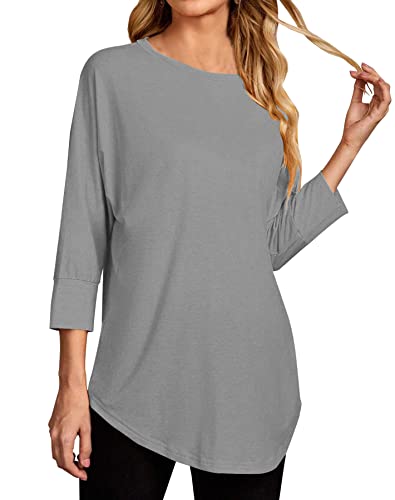 Tankaneo Women 3/4 Sleeve Tunic Tops Round Neck Casual Pullover Blouse Solid Color Oversized Basic T Shirt Gray #TOP2