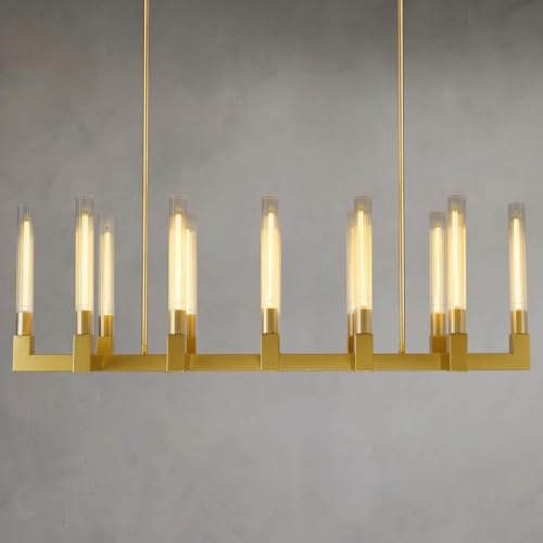 54'' Brass Rectangular Chandeliers for Dining Room,12-Lights Modern Farmhouse Chandelier with Knurled Glass Tube,Gold Linear Chandeliers Dining Room Over Table Rectangle Kitchen Island Pendant Light