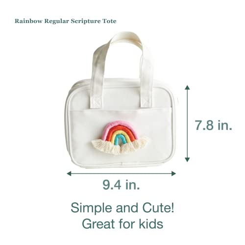 LDS Rainbow Regular Scripture Tote | Adorable white canvas scripture bag with embroidered rainbow design | Fits LDS standard scriptures and more | Zipper enclosure and compact | Perfect for kids4