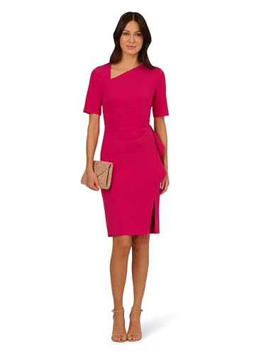 Image of Adrianna Papell Stretch Crepe Side Draped Sheath Dress with Asymmetrical Neckline
