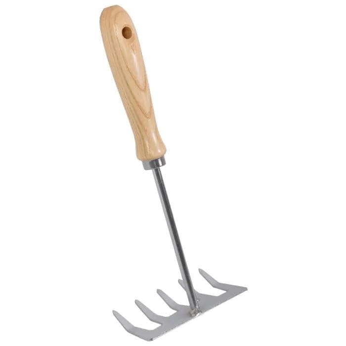 Rastrillo de Mano de Acero Galvanizado y Madera, para Jardín, 28.0 cm