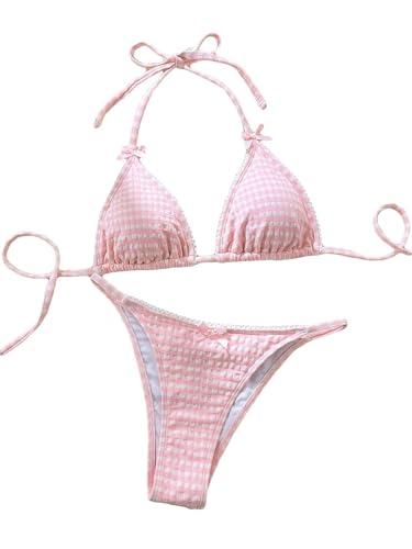 Women's Plaid Gingham Bathing Suit High Waisted Halter Triangle Swimsuit Bikini Set