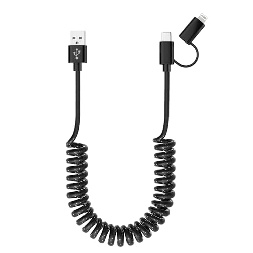 Image of USB to USB-C and Lightning Cable Combo 2 in 1 Coiled Cable Support Apple Carplay & Android Auto [MFi & 3A Fast Charge & Data Sync] Coiled Lightning and USB C Cable for iPhone 17 /16 /15 /14 /13 /12 /Android