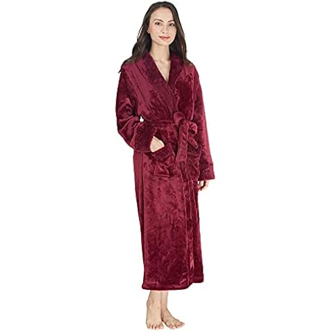 Westkun Unisex Dressing Gowns Fleece Full Length Bathrobe Flannel Shawl Collar Extra Long Bath Soft Robes for Mens and Women Housecoat Nightgown Perfect for Shower Spa Hotel Holiday(Burgundy,M) Cover