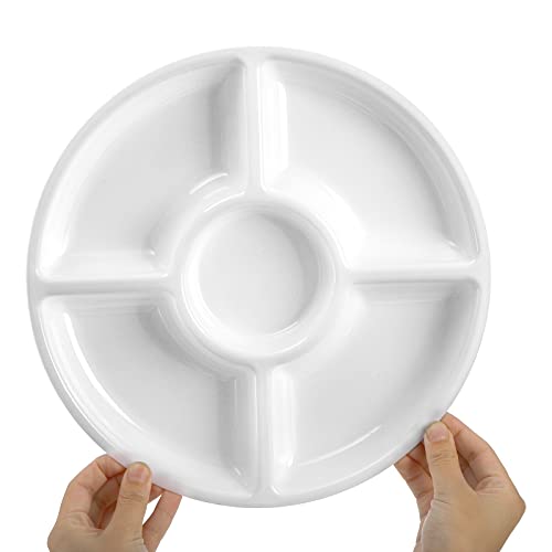Okllen 12 Pack 5 Sectional Round Plastic Serving Tray, 12" Divided Candy Nut Serving Plate, Veggie Fruit Dish Platter Appetizer Tray For Dried Fruit, Snack, Desserts, Black & White #TOP2