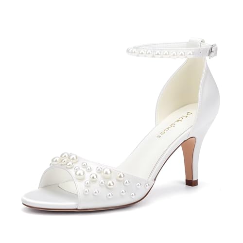 Pearl Heels Wedding Shoes for Bride Open Toe Bridal Shoes Ankle Strap Wedding Heels