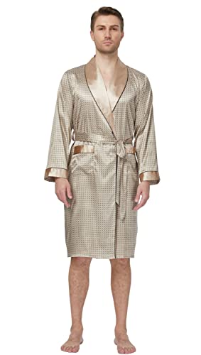 Image of TONY AND CANDICE Men's Satin Robe Lightweight Long Sleeve Silk Kimono Bathrobe with Shorts Set Sleepwear