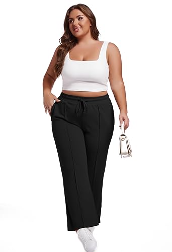 SEKINO Women's Plus Size Wide Straight Leg Pants High Waisted Business Casual Work Pants Trousers with Pockets Drawstring4
