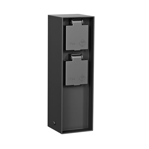ledscom.de Garten Steckdosensäule POKU für außen IP44 2-Fach Kunststoff schwarz eckig 23 cm
