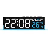 MeevrgR Reloj digital de pared con temporizador de cuenta regresiva, alarma, DST, pantalla de temperatura y luz ambiental, brillo ajustable para sala de estar o dormitorio, azul A