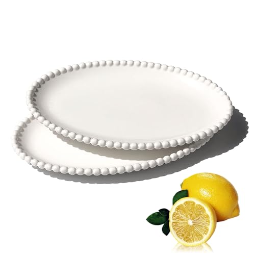 PIDUDU 2 platos de postre ovalados blancos, elegantes con borde perlado, platos de vajilla de fiesta, cena/ensalada/fruta/aperitivo, ideal para cumpleaños, fiestas, camping, catering