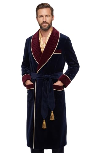 Men Luxury Velvet Navy Blue Hosting Christmas Party Smoking Jacket Burgundy Velvet Quilted Smoking Gown for cigar robe (US Alpha X-Large Regular Regular)