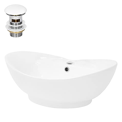 ML-Design Lavabo en Céramique Blanc 59x20,5x39,5 cm avec Garniture de Vidage 1 1/4' Universel et Trop-Plein, Design Ovale, Vasque à Poser Moderne, Évier Lave-Mains Salle de Bain et Toilette