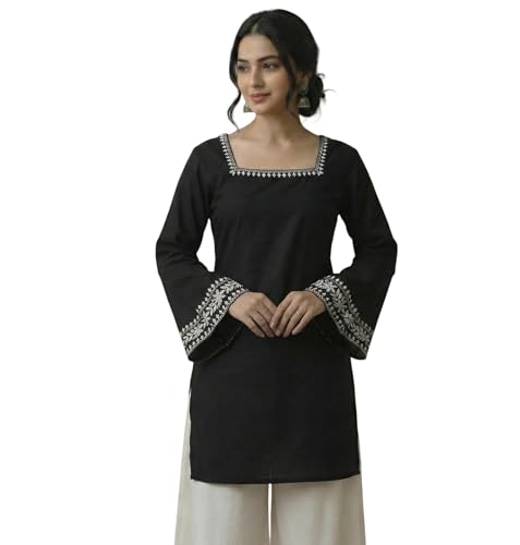 Image of MAHIRA'S Comfort Women's Short Kurti, Rayon Tunic Top with 3 /4 Embroidered Designer Sleeves | Soft Breathable Fabric | Office & Casual Kurti for Jeans, Leggings & Trousers
