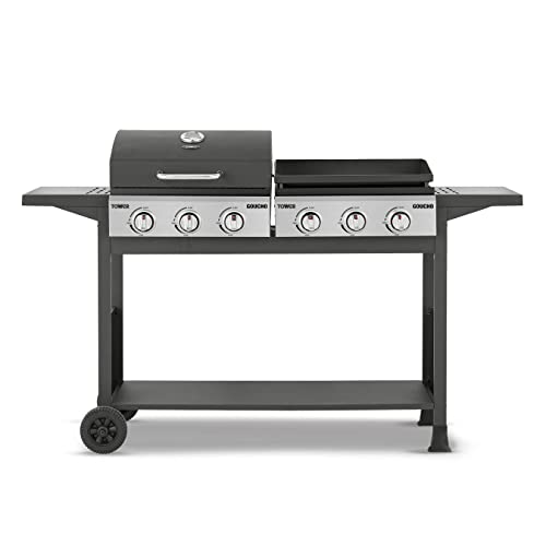 Tower Goucho T978544 6 Burner Gas BBQ and Plancha with Precision Heat Thermometer and Waterproof Cover, Black