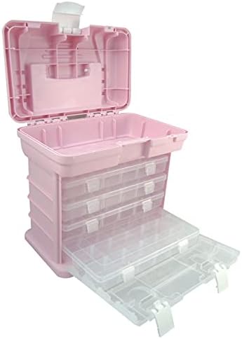 Lunar Box, Storage Carry Case With 5 compartmetns, 4 Adjustable Multi-Compartment Pull Out Drawer Boxes, Organiser Caddy for Arts, Crafts, Sewing and DIY (Pink)