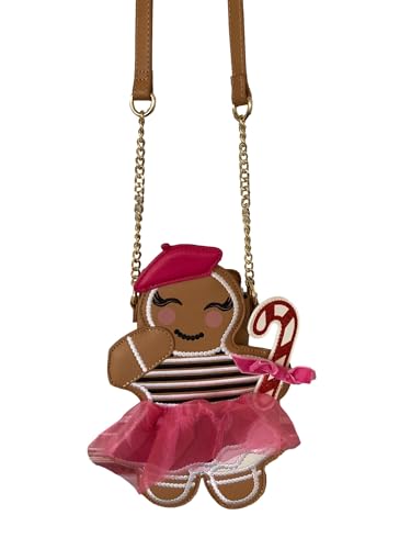 Betsey Johnson Kitsch XO Can Can Gingerbread Girl With Fabric Skirt & Red Glitter Detail Candy Cane Christmas Holiday Adjustable Strap Crossbody Bag3