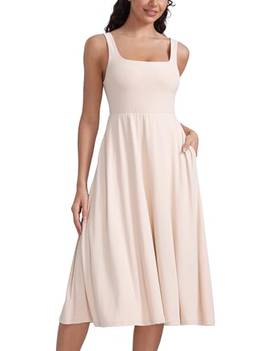 Image of CRZ YOGA Cloudweight Double Lined Square Neck Midi Dresses for Women Casual Summer Sleeveless Outfits with Side Pockets