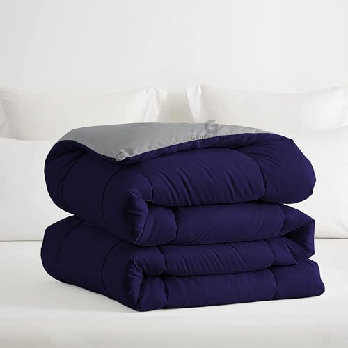 Image of Restful Sleep Reversible All Weather Comforter King Size - Dohar /Rajai /Blanket /Duvet -250 GSM Quilt Soft Microfiber Fill King Size (92 inchX106 inch) - Navy Blue /Silver Grey Color