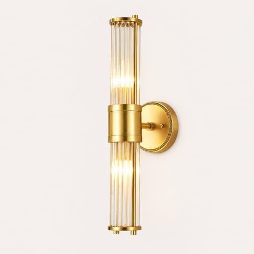 Solid Polished Brass & Vertical Fluted Clear Glass Material Wall Light, Tall Cylindrical Cage...