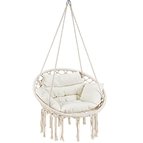 KROFEM Macrame Hammock Hanging Swinging Chair, Perfect for Bedroom, Porch, Kids, Adults, Balcony with Thick Cushion Beige (Ceiling Mounting Hardware Not Included) KROFEM Macrame Hammock Hanging Swinging Chair, Perfect for Bedroom, Porch, Kids, Adults, Balcony with Thick Cushion Beige (Ceiling Mounting Hardware Not Included)