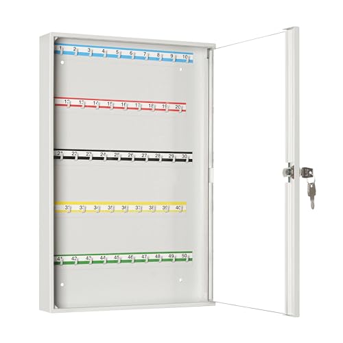 LEOMAR Armadietto per Chiavi, Cassetta per Chiavi con 50 Ganci, in Lamiera d'acciaio con Ante in Vetro, con Strisce di Gancio Fissi, Montaggio a Parete, con Serratura, 6 x 35 x 52 cm