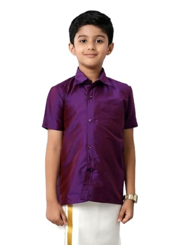 Image of RAMRAJ COTTON Boys Silk Cotton Shirt With Adjustable Cream Dhoti Perfect For Ceremonies| Festivals| And Special Occasions