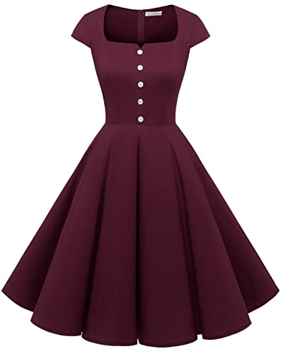 Muadress Women Vintage 1950S Dress Retro Rockabilly Cocktail Party Swing Dress Burgundy L #TOP22