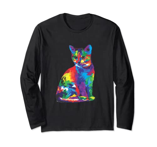 Camiseta de Rainbow Cat con cara de gato, divertida Manga Larga
