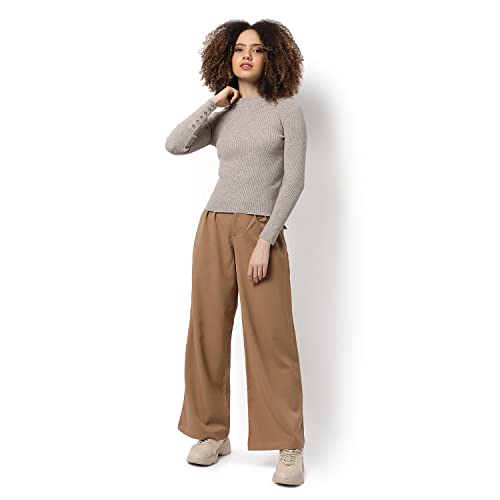 Image of PINACOLADA Women Greige Ribbed Regular Fit Sweater For Winter Wear | Round Neck | Full Sleeve | Woolen Sweater | Casual Jacket For Woman & Girl | Western Stylish Jacket For Women