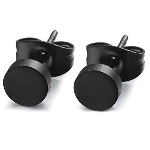 ADAIER Men Women's Stainless Steel Black Stud Earrings of Round Tunnel Plug Post (ED-01) (Diameter: 8mm)