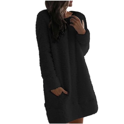 TDEOK Mujeres Otoño Invierno Sólido Coral Lana Manga Suelta Cálida Casa Con Bolsillos Vestido Casual De Felpa Recto Vestido De Verano De Las Mujeres, Negro , L