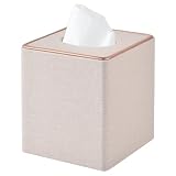 RHCSZ Linen Square Tissue Box Cover,Cube Tissue Box Holder－Excellent Rosegold Leather Decoration,Table Napkin Case Dispenser,Facial Tissues Organizer with Magnetic Bottom for Home Office Car(Beige)