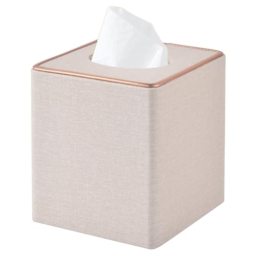 RHCSZ Linen Square Tissue Box Cover,Cube Tissue Box Holder－Excellent Rosegold Leather Decoration,Table Napkin Case Dispenser,Facial Tissues Organizer with Magnetic Bottom for Home Office Car(Beige)