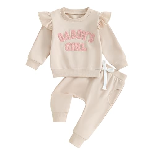 Image of Tikwwyo Daddys Girl Outfit Toddler Baby Casual Long Sleeve Crewneck Sweatshirt Jogger pants 2Pcs Warm Fall Sweatsuit Set (Ruffle Beige, 0-6 Months)