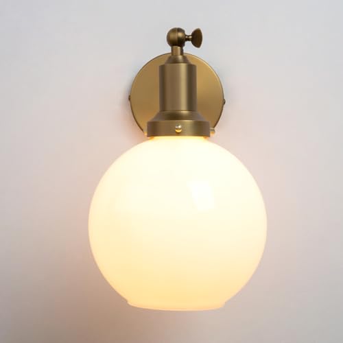 PERMO Industrial Vintage Slope Pole Wall Mount Single Sconce with 7.9" Globe Round Milk White Glass Shade Wall Sconce Light Lamp Fixture (Antique)