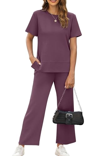 Image of XIEERDUO Women's Side Slit Lounge Sets 2026 Fashion 2 Piece Travel Outfits Cozy Loungewear Wide Leg Tracksuits S-3XL