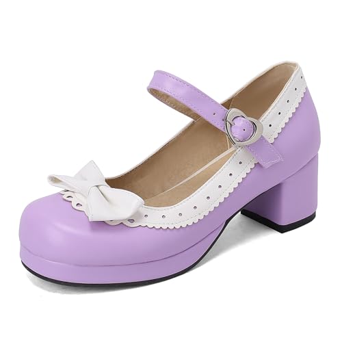 Bellirala Womens Retro Rockabilly Shoes Chunky Heeled Mary Jane Mid Block Heel Pumps with Bows
