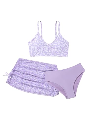 Image of COZYEASE Girls' 3 Piece Set Floral Print Bikini Swimsuit with Drawstring Beach Skirt Cute Ruched Bathing Suit Floral Printed Purple 9 Years