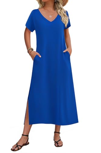 Image of Zeagoo Women Summer Floral Dress Short Sleeve Beach Dress with Pockets Casual V-Neck Split Long T-Shirt Dress Travel Vacation