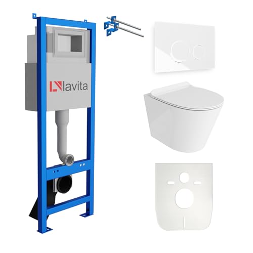 Lavita LAV 101 Elemento Pre-muro per WC 40cm + WC Sospeso a Parete con Cisterna Profonda GALVE Bianco Senza Bordo + Pannello di Comando LAV 200.4.1 Bianco + Sedile WC con Abbassamento Automatico per