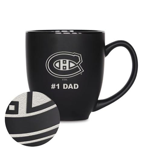 Rico Industries NHL Hockey Montreal Canadiens #1 Dad 15oz Laser Engraved Matte Black Ceramic Bistro Mug - for Hot or Cold Drinks