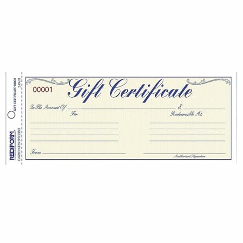 Rediform Gift Certificate Pack, 25 Duplicates with Envelopes, 3.625" x 9.5", Numbered, Blue/Gold (98002)