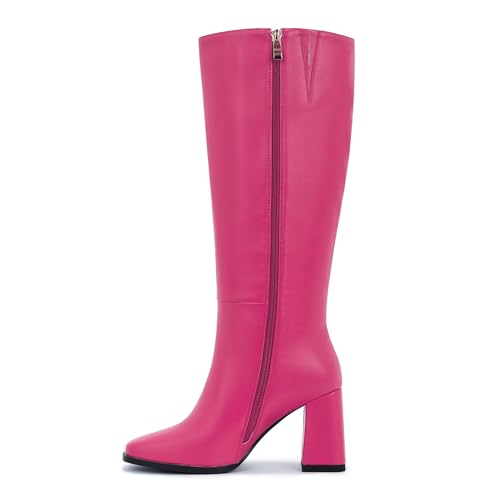 Image of Knee High Boots for Women - Wide Calf Boots with Zipper, Square Toe Tall Leather Boots, Chunky Heel Fashion Long Boots